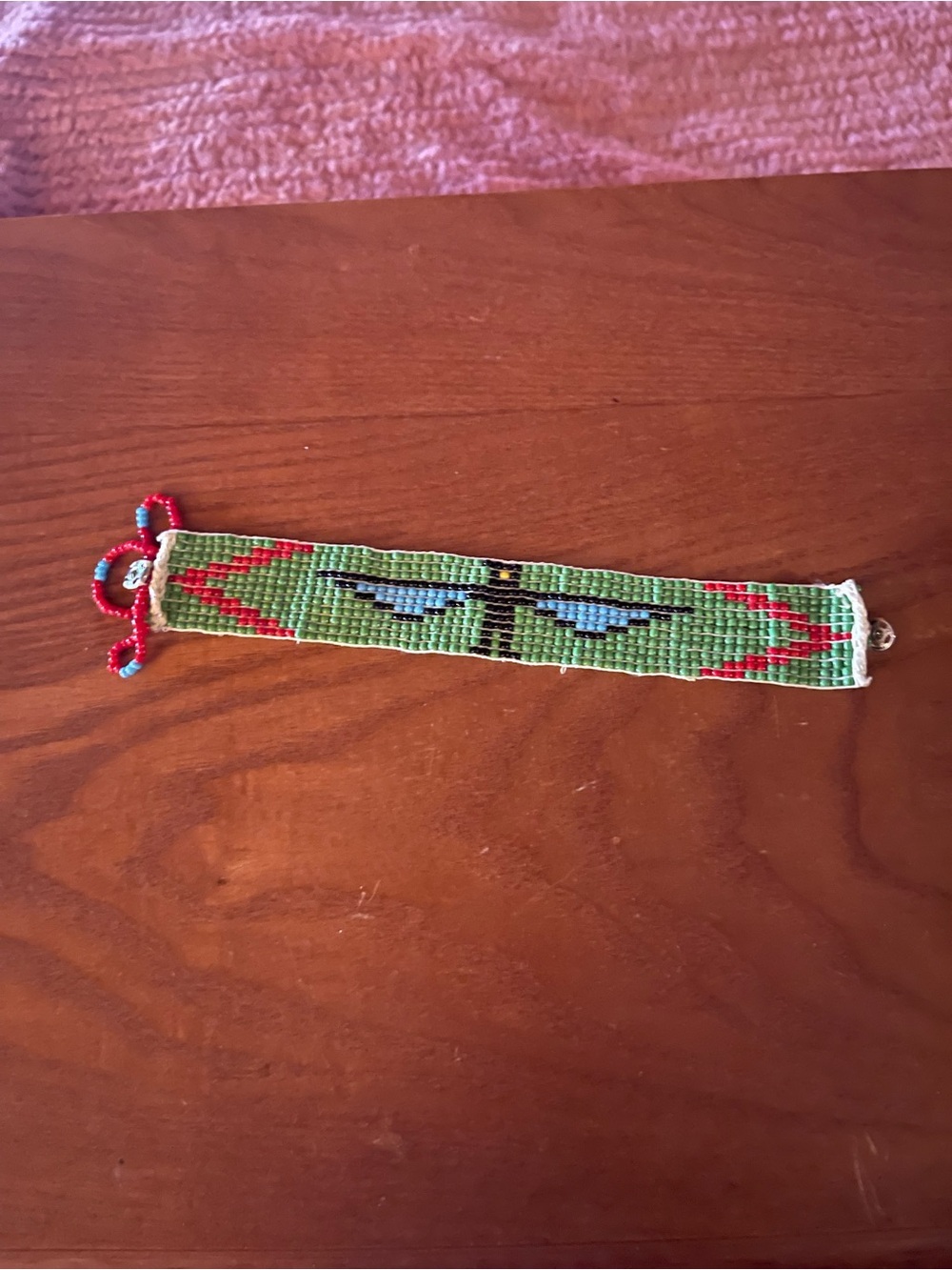 Vintage Source Unknown Green Beaded Dragonfly Bracelet with Red and Blue Accents